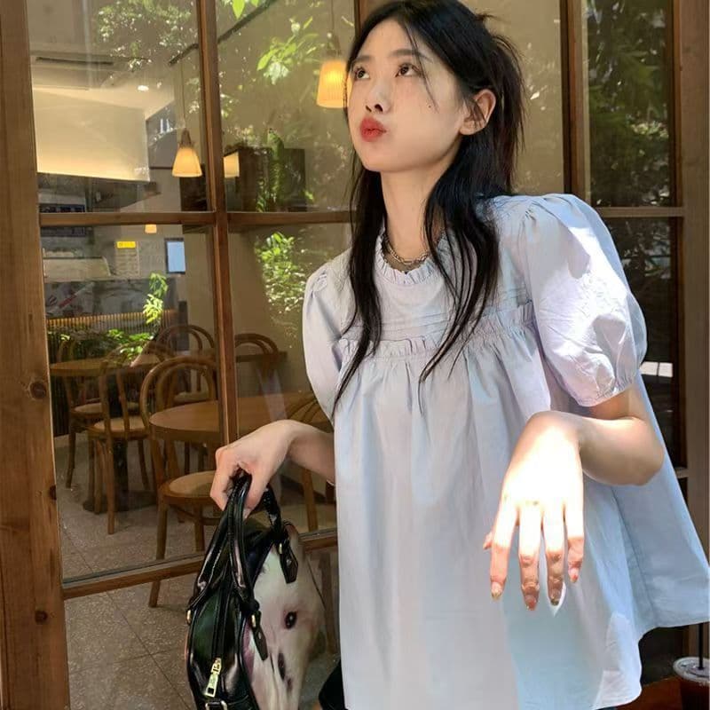 Puff-sleeved short-sleeved shirt for women, summer, French style, high-end, fungus-edged doll shirt, pretty blouse, top, summer style