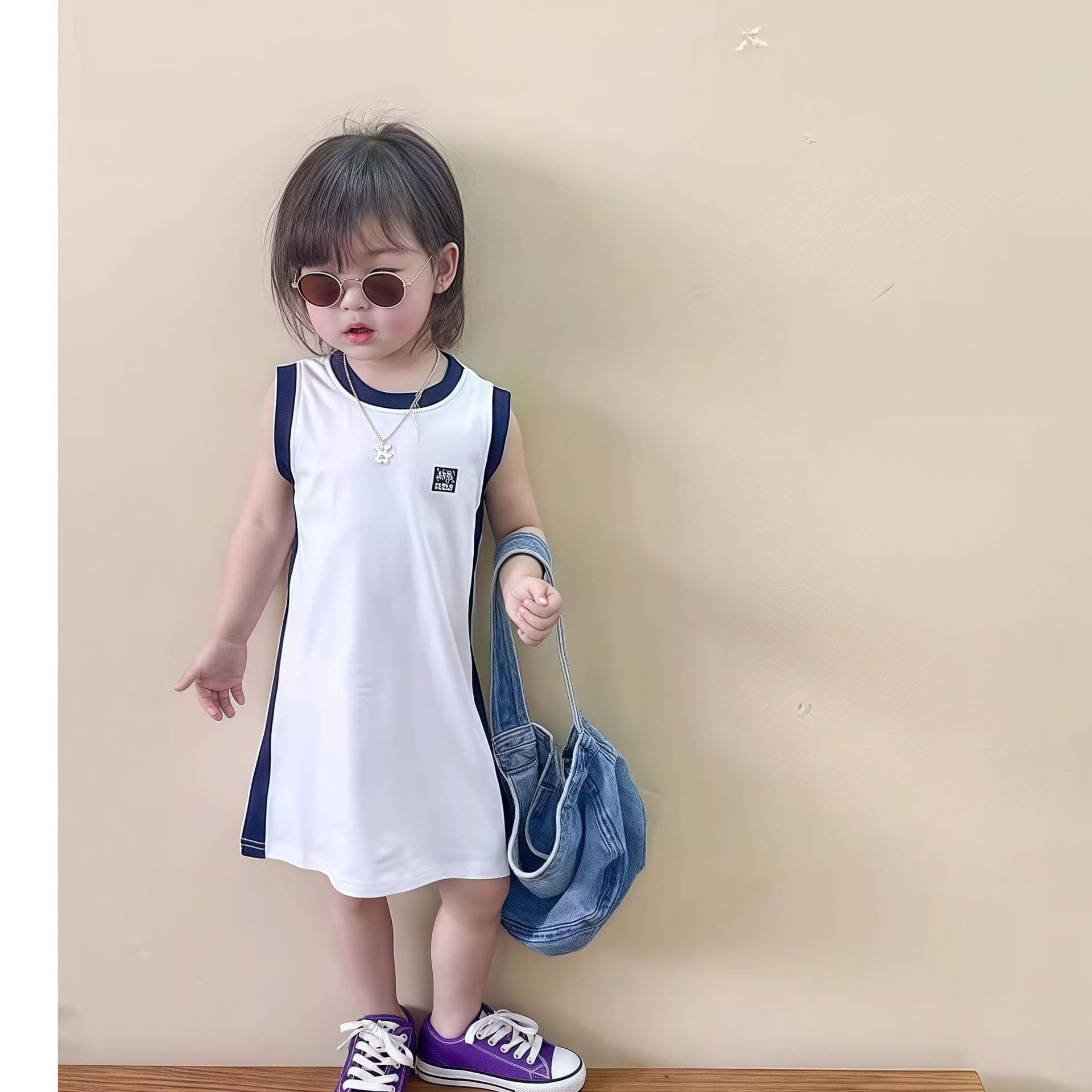 Korean Style Summer Girls Dress Sleeveless Color Block Vest Dress for Toddler Kids Sporty Dress