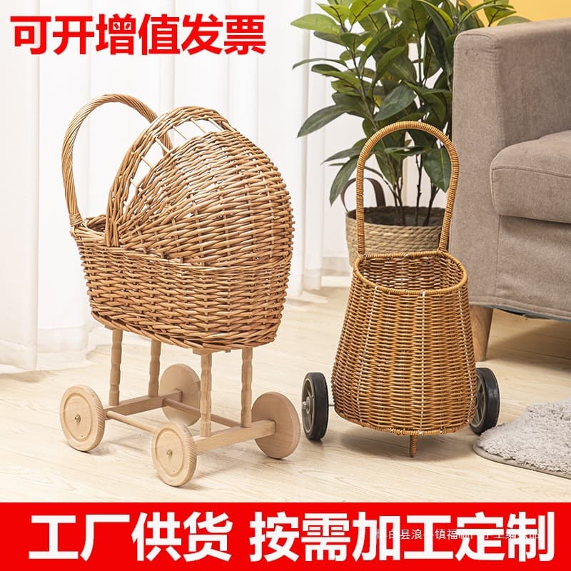 Wicker baby stroller toy with wheels, wicker crafts cart, foreign trade wicker product processing