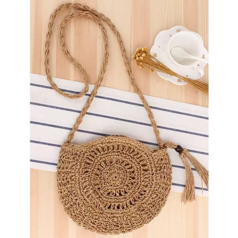Manufacturer 2026 New Tassel Woven Straw Bag Seaside Vacation Beach Shoulder Crossbody Small Round Bag