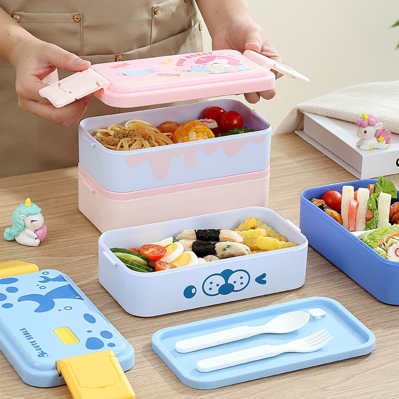 Cross-border Cartoon Bento Box Student Double-layer Portable Lunch Box Large Capacity Lunch Box Outdoor with Tableware Microwave Safe