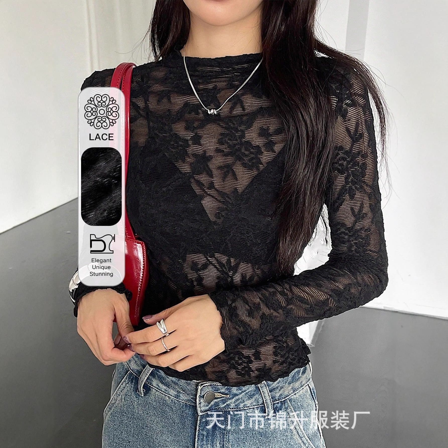 Women's Elegant Hollow Lace Semi-High Collar Waist-Nipping Slimming Long-Sleeve Top for Cross-Border Trade
