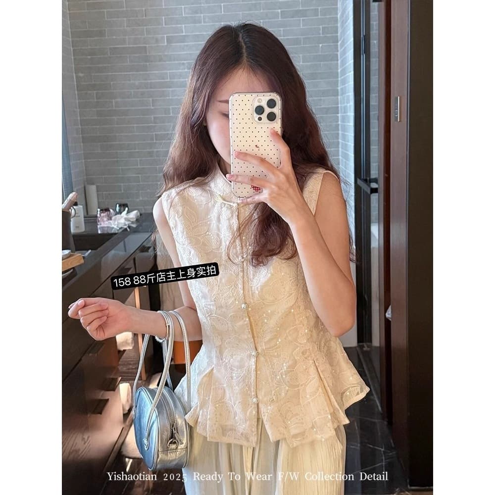 Summer new new Chinese embroidered sleeveless shirt for women with waist, short, temperament, high-end and versatile top