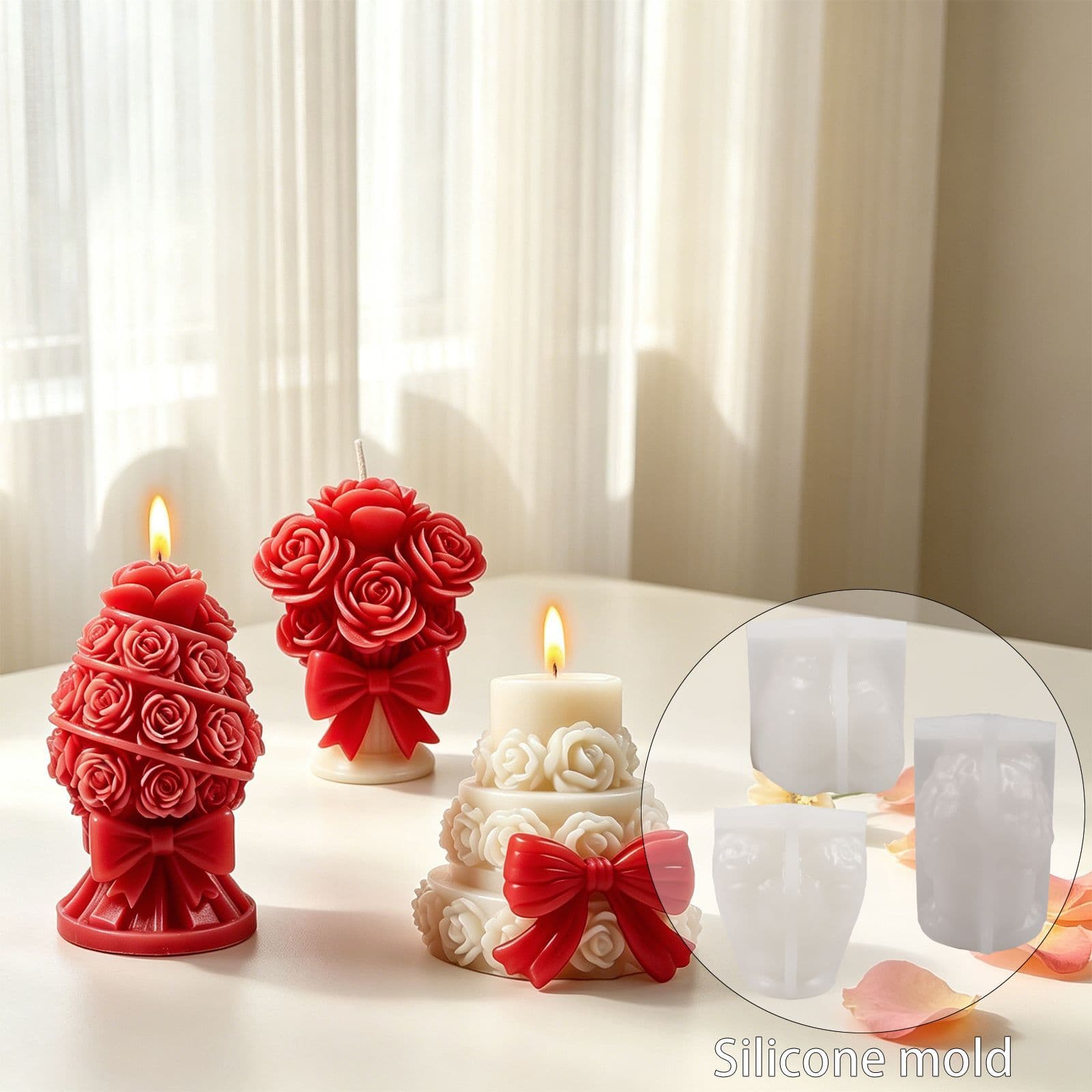Poppy three-dimensional bow rose bouquet silicone mold diy rose three-layer cake scented candle mold