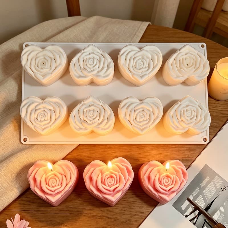 8-Cavity Heart Rose Cake Mousse Mold, DIY Valentine's Day Scented Gypsum Ornament Mold, Scented Candle Mold