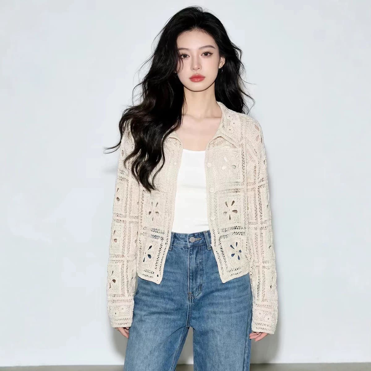 Women's Spring and Autumn Knitted Cardigan with Heavy Hollow-Out Crochet, Turn-Down Collar, Long Sleeves, Versatile and Fashionable Island Resort Style