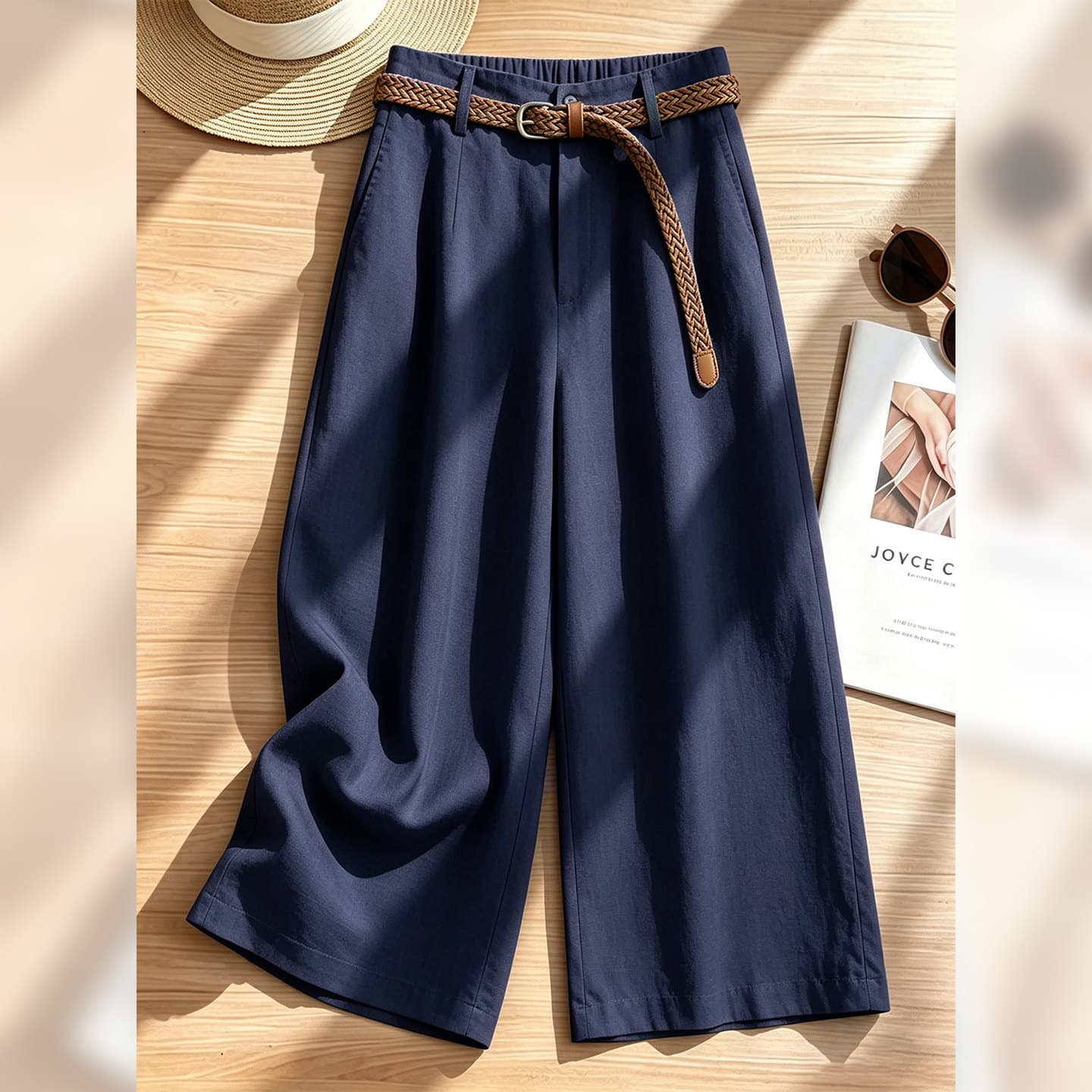Navy blue cotton and linen wide leg pants for women summer thin 2026 new casual breathable straight pants Tencel linen nine-point pants
