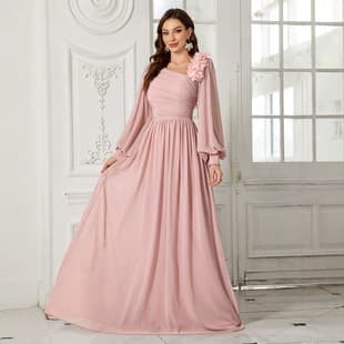 Amazon Cross-border Women's Elegant Solid Color Chiffon One-shoulder Handmade 3D Floral Decor Bridesmaid Dress