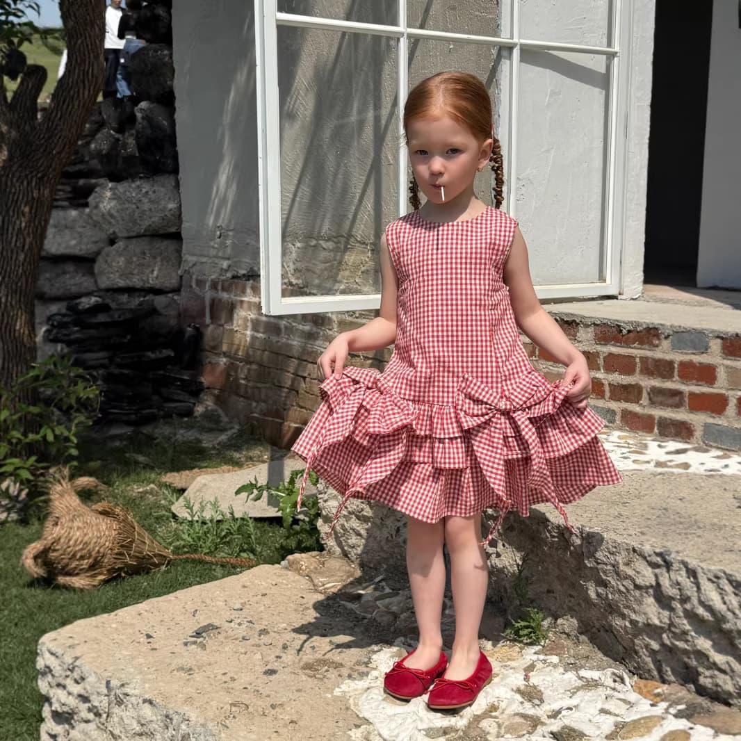 ChengLe 26 Summer Girls Slim Sleeveless Plaid Dress, Girls Red Plaid Cute Ruffled Puffy Dress