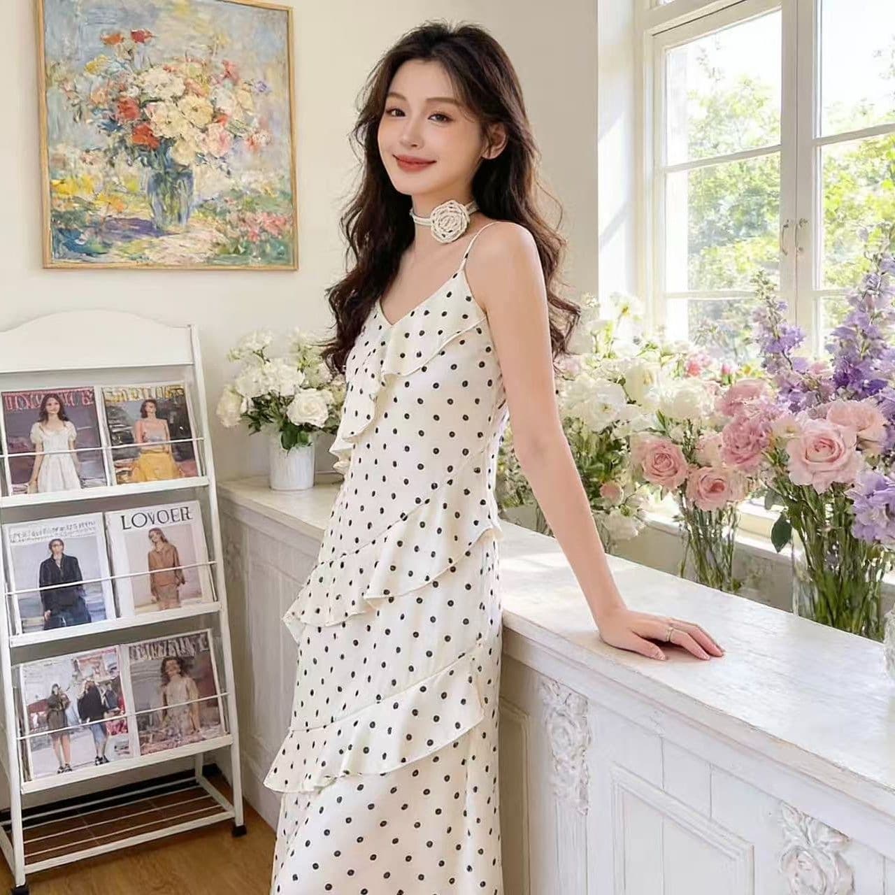 [With Flower] Pure and Sexy Polka Dot Camisole Dress for Summer Beach Vacation, Elegant Waist-Cinching Ruffle Hem