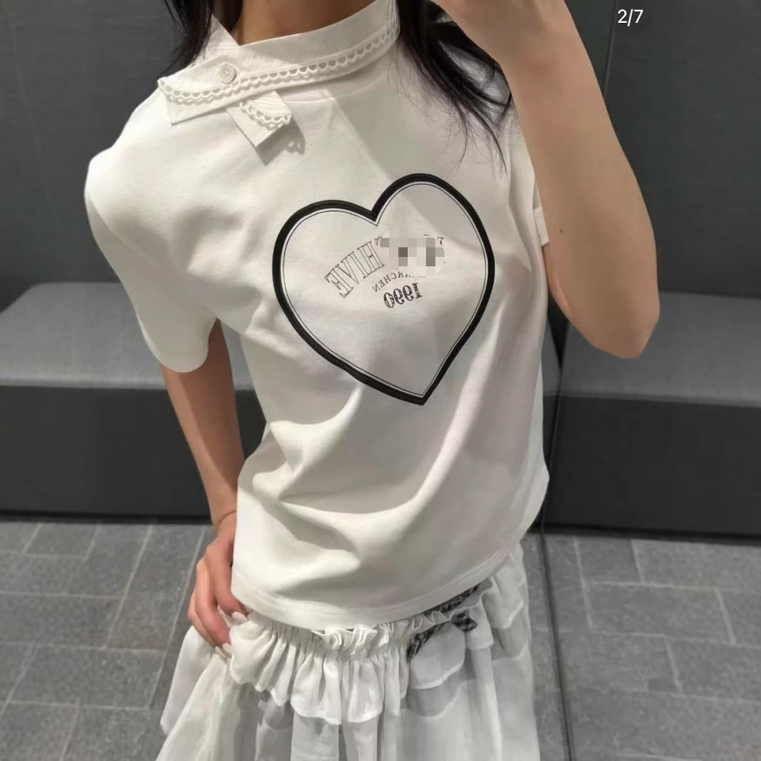 In-Stock 25 Summer New Niche Trendy Brand Heart Letter Detachable Collar Slimming Regular Shoulder Short-Sleeve T-Shirt Women's Top
