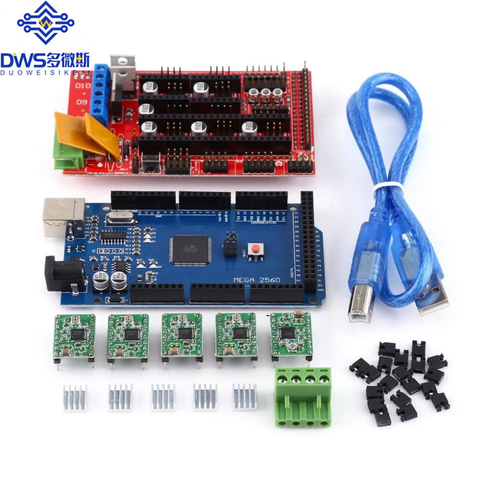 Mega 2560 R3 improved version + 1 RAMPS 1.4 controller + 4 A4988 stepper drivers.