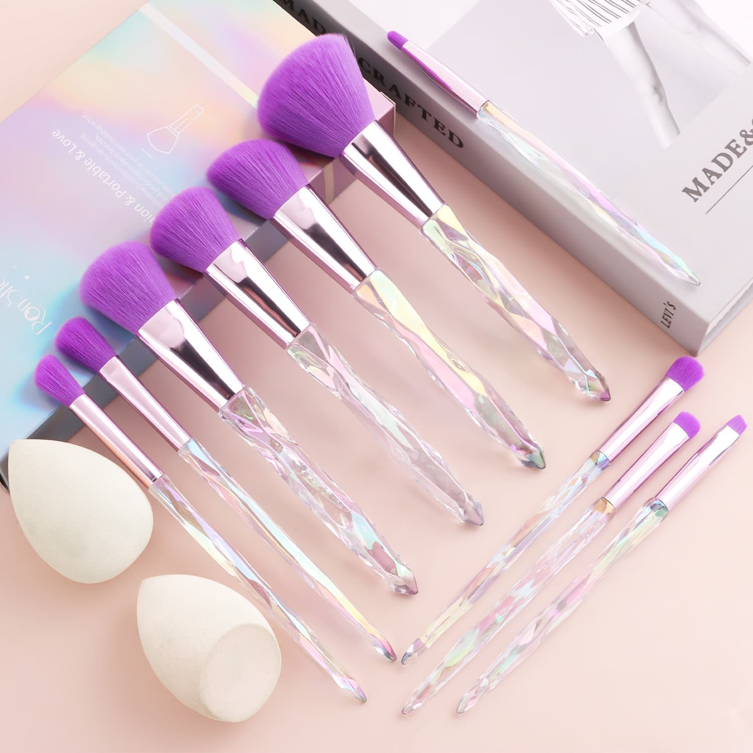 Cross-Border Boxed 10-Piece Transparent Diamond Handle Makeup Brush Set with Makeup Sponge: Makeup Tools, Factory Wholesale
