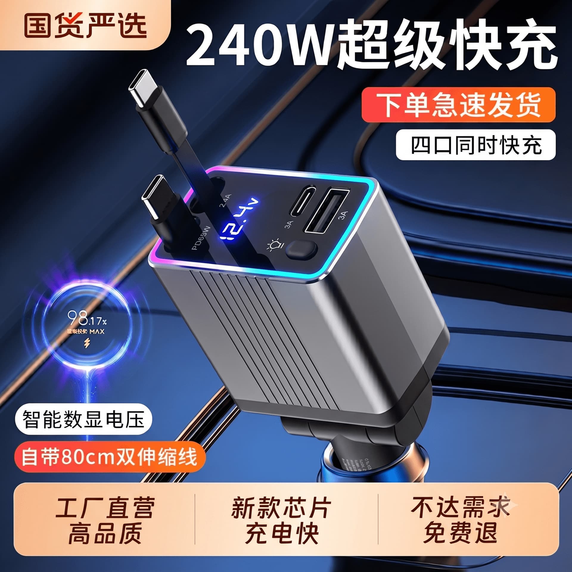 Car Charger Super Fast Charging Cable 4-in-1 Cigarette Lighter Adapter for Apple Huawei