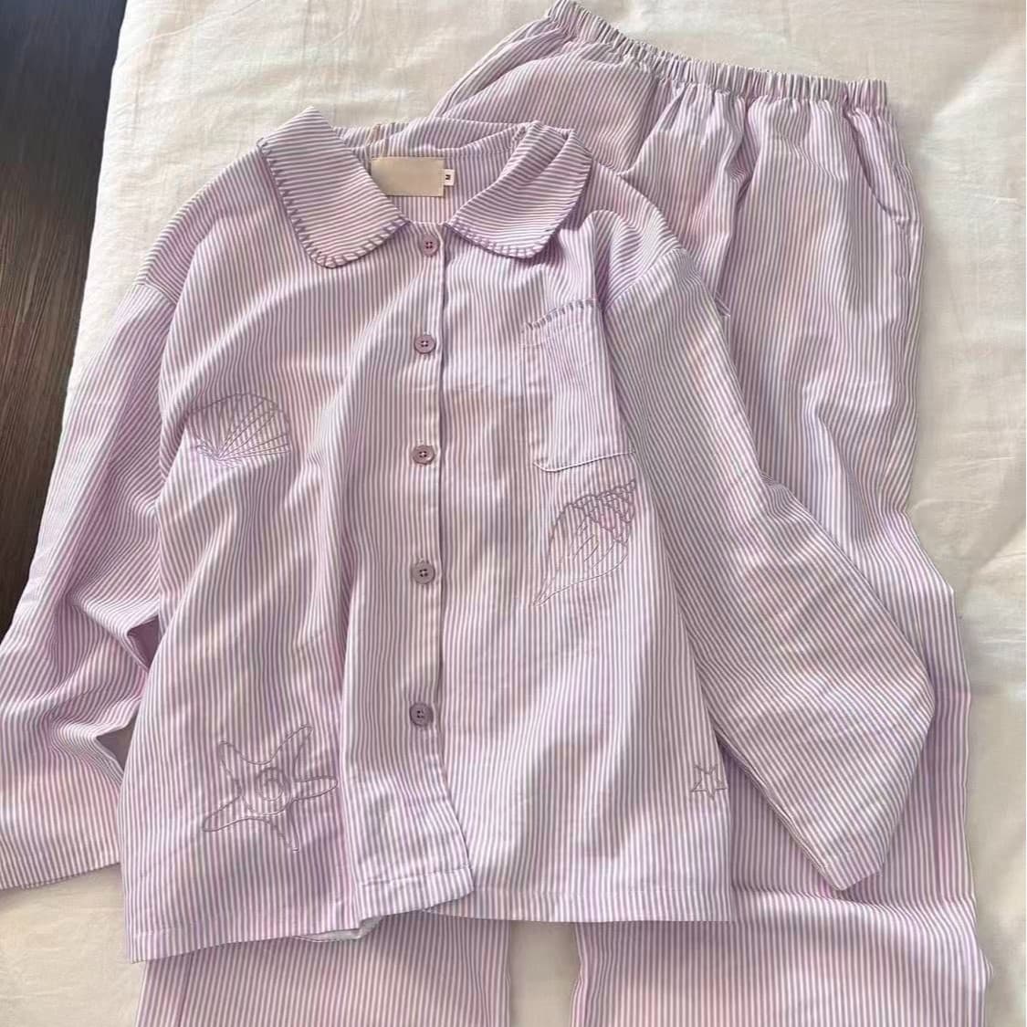 Direct Sale Sweet Casual Simple Star Shell-Edged Pajamas for Women, Spring and Autumn Loose Cardigan and Long Pants Loungewear Set Trendy