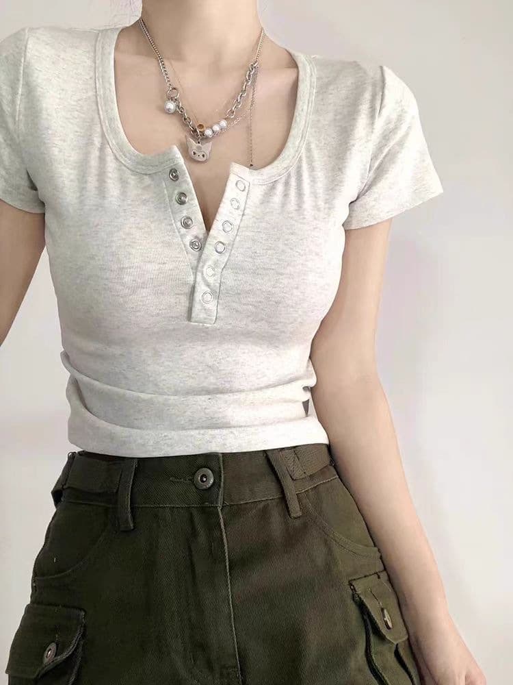 Plus Size French Style Square Neck Short Sleeve T-Shirt for Women Summer American Sweet Spicy Short Fitted Button Top