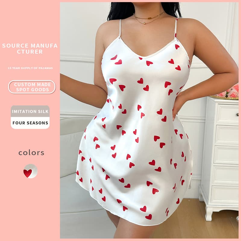 Summer Sexy Nightgown Women's Camisole Heart Print Sleepwear Pure Desire Pajamas Silky Thin Camisole Dress Loungewear Wholesale