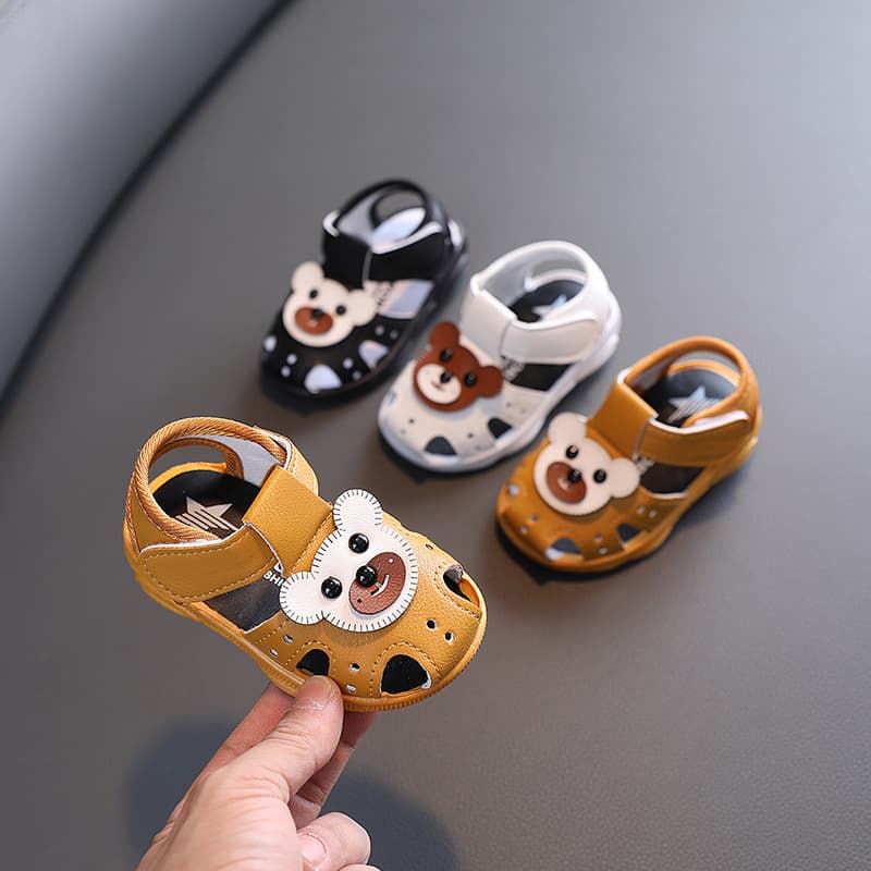 Baby Summer Sandals Anti-Kick Walking Shoes Soft Sole Breathable Shoes Boys Girls Cartoon Magic Tape Leather Slippers