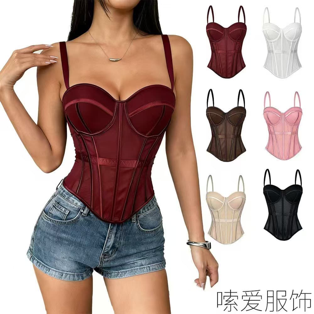 Cross-Border Hot-Selling Product: European and American Style Solid Color Fishbone Corset, Waist-Cinching Slimming Mesh Fishbone Top, Sexy Outerwear Camisole