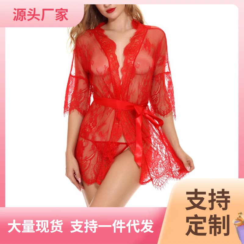 New Lace Seductive Lingerie, Transparent Lace Nightgown, Sexy Three-Point Bathrobe, Sexy Set