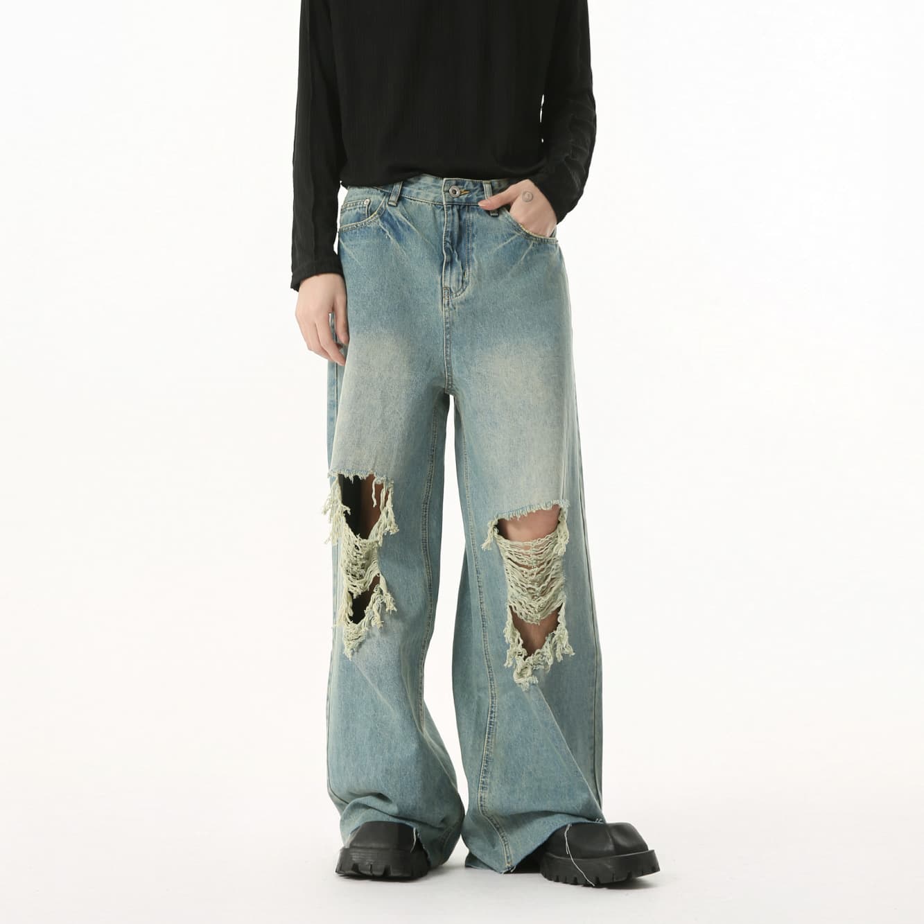 MTLCLOTHES Men's New American Retro Punk Fringe Ripped Distressed Fashion Straight Leg Jeans