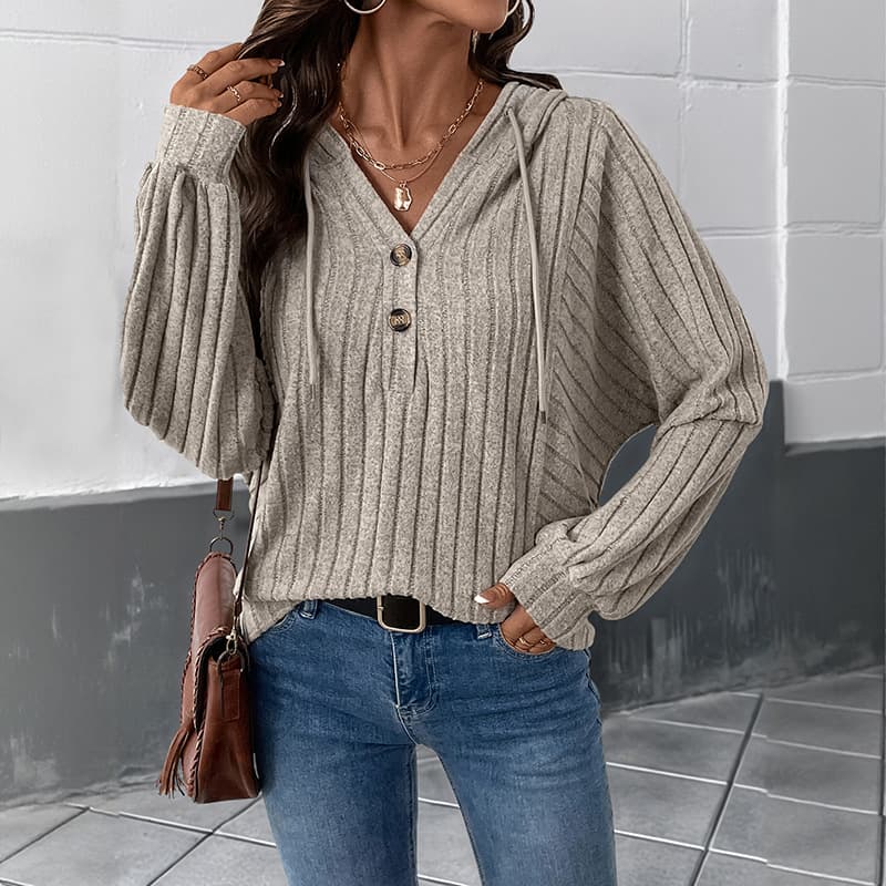 2026 Fall/Winter New Arrival Hot Selling Simple Vintage Loose Ribbed Hoodie Solid Color Knit Sweatshirt for Women