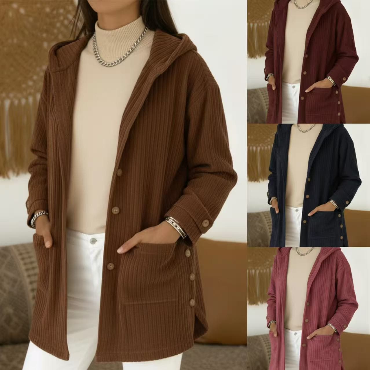 2025 Cross-Border Europe and America Foreign Trade Women's Clothing Short Sleeve Autumn/Winter New Style Amazon Hooded Loose Women's Corduroy