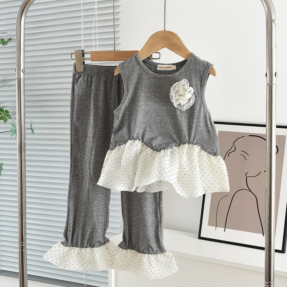 Girls Summer Set Cute Polka Dot Ruffle Two-Piece Outfit Fashionable Vest and Long Pants Children's Clothing Cross-Border