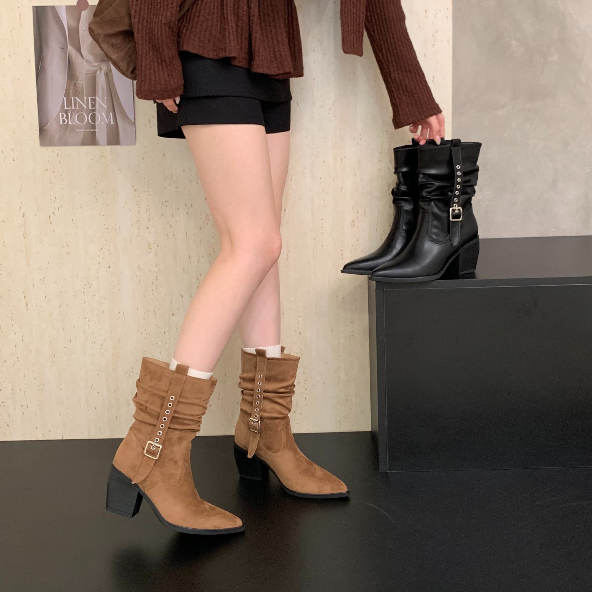 Retro Pointed Western Cowboy Boots Women's 2026 Autumn and Winter New Belt Buckle Pleated Pile Boots Slim Knight Boots
