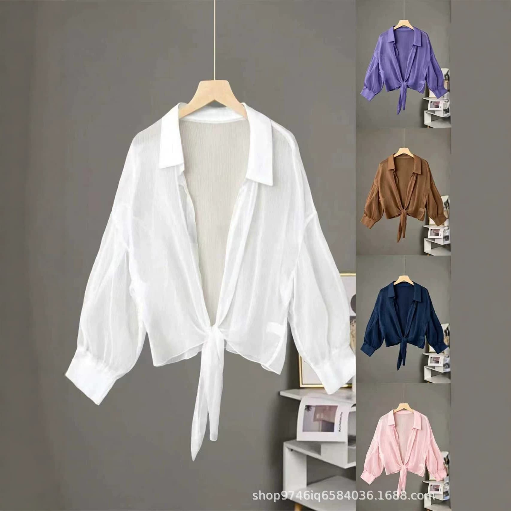 2026 new cross-border European, American and Russian style lantern sleeve see-through chiffon cardigan hem knotted short women's top