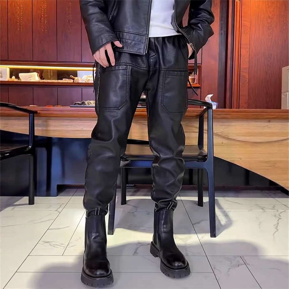 Spring and Autumn New Style Versatile Six-Pocket Leather Pants Men High-End Simple Constraint Ankle Pants Trend Windproof Waterproof Skinny Casual