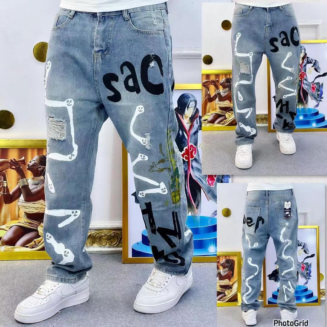 Autumn and winter street hip-hop handsome retro washed cashew flower patch BF boyfriend loose jeans trousers men and women trendy