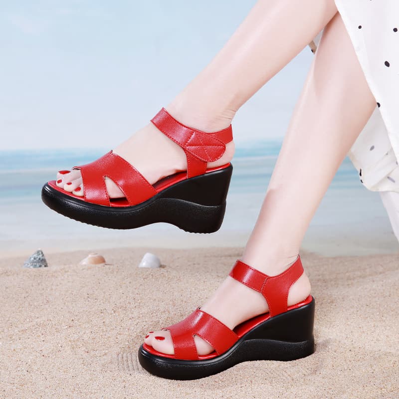 Summer Casual Fish Mouth Thick Heel Sandals for Women Red Simple High Heels Thick Sole Beach Shoes Velcro Women's Shoes Comfortable