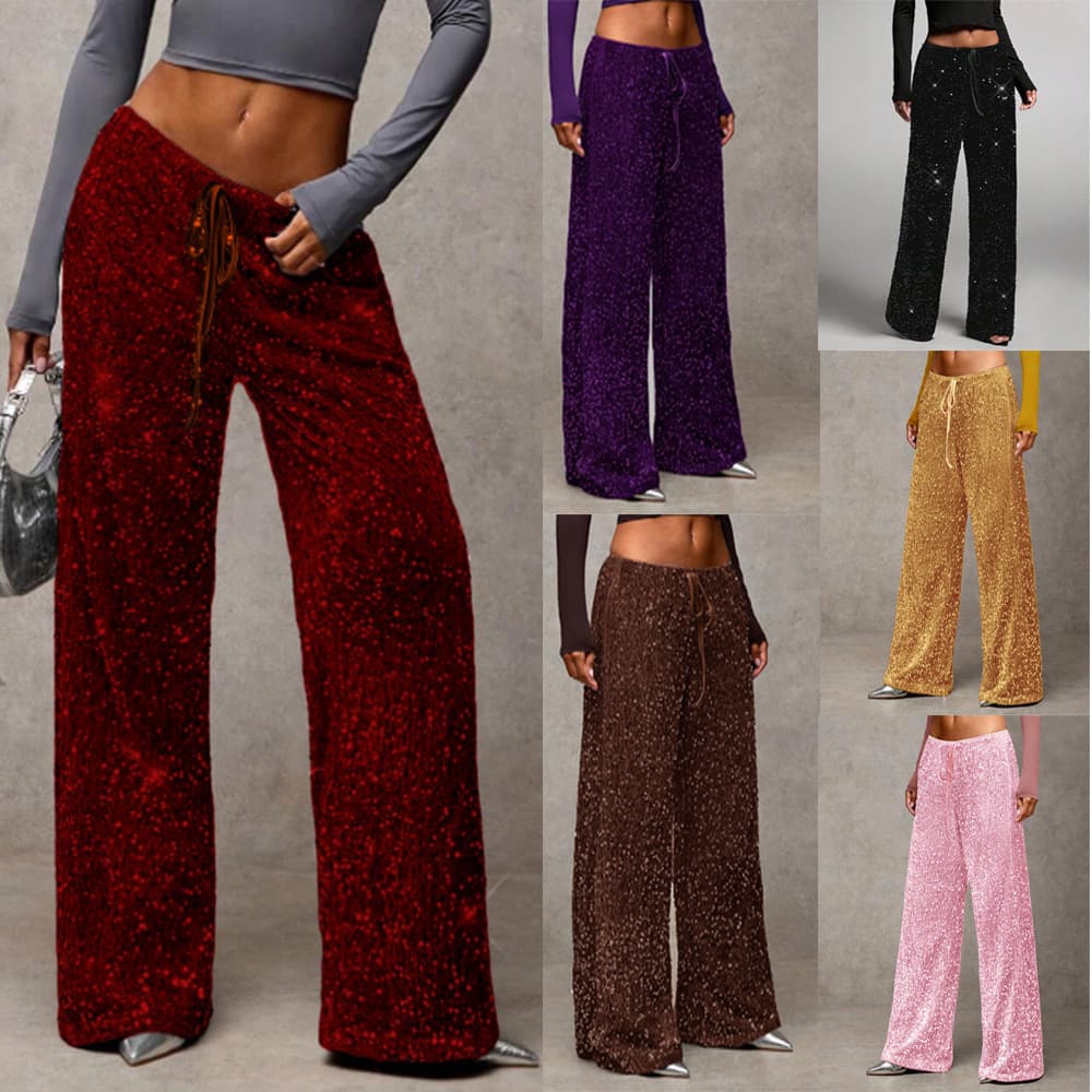 European and American Cross-Border Sequin Fashion Drawstring Slim New Elastic Straight Leg Pants Women's Clothing