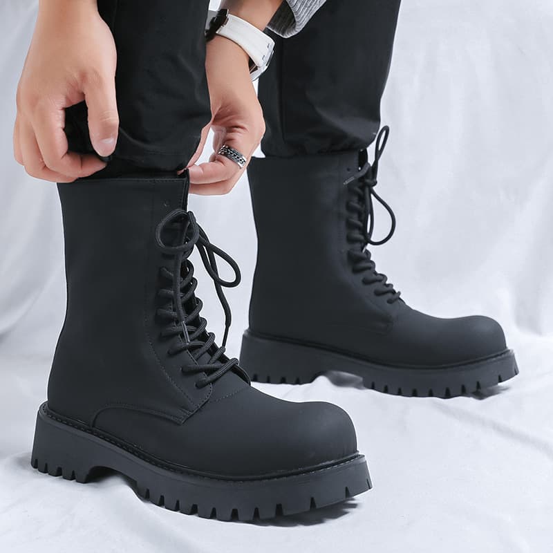 Men's chunky platform Martin boots, height-increasing, versatile motorcycle boots, carbon black derby boots 66684-R