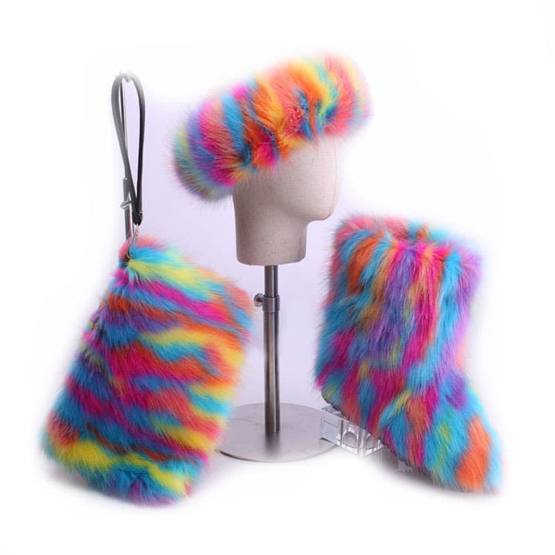 Wholesale Manufacturer 3-Piece Set New Fuzzy Boots with Hip-Hop Women's Clutch, Headband, and Faux Fur Snow Boots