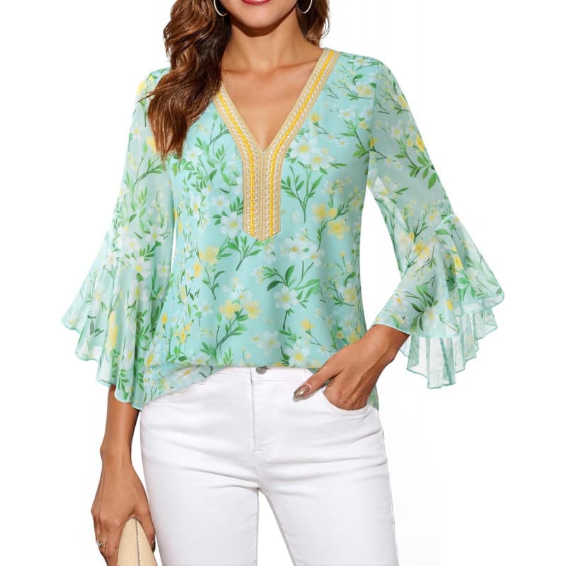 Cross-border Amazon European and American elegant floral shirt women's 2026 summer new style ruffled sleeve V-neck top