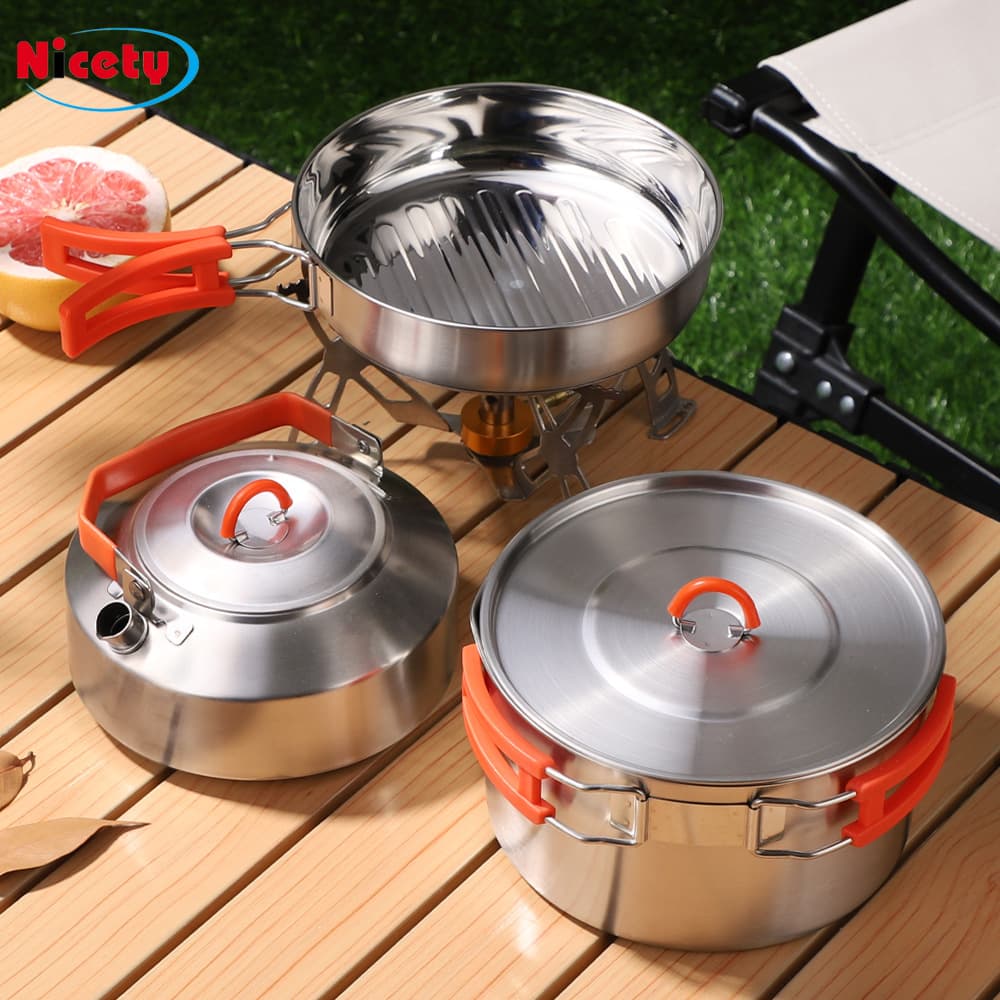 Outdoor 304 Stainless Steel Cookware Set Foldable Camping Pot Frying Pan Soup Pot Camping Kettle Water Boiling Pot