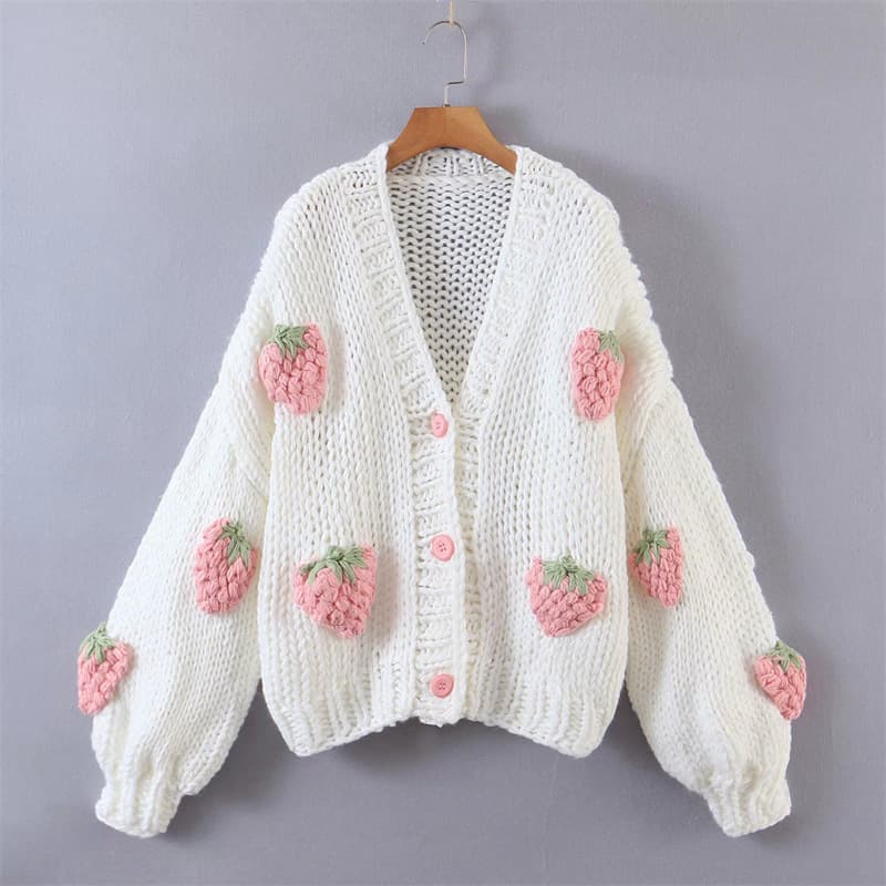 Strawberry Patterned V-Neck Lantern Sleeve Knitted Cardigan Women's Sweater Thickened Long Sleeve Loose Fit Style Fresh Sweet