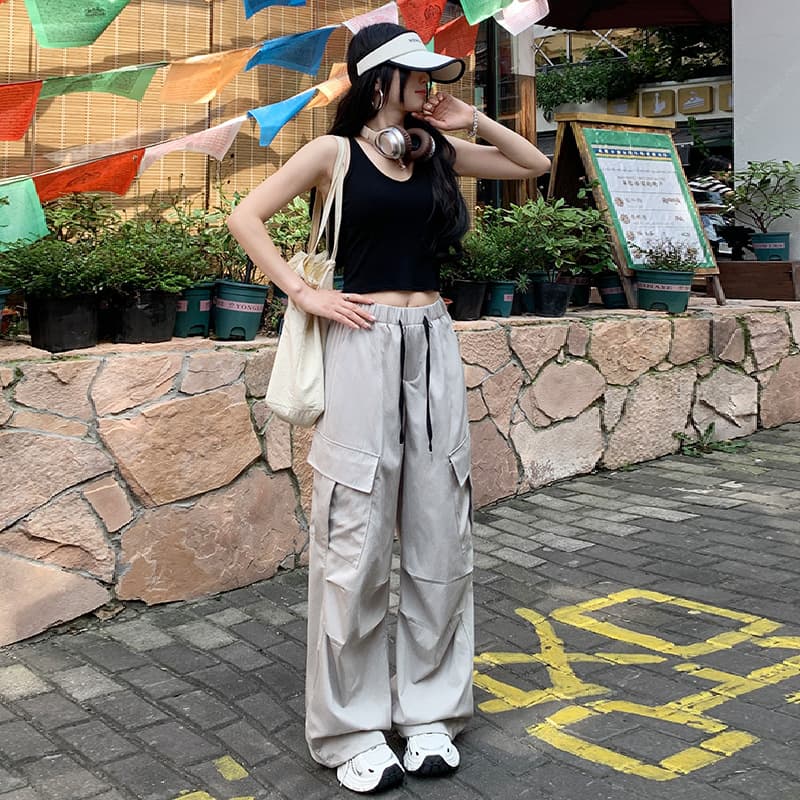 American Style Bright Color Drawstring Wide Leg Pants for Women, Summer High Waist Slimming Multi Pocket Quick Dry Pants, Simple Casual Straight Leg Pants
