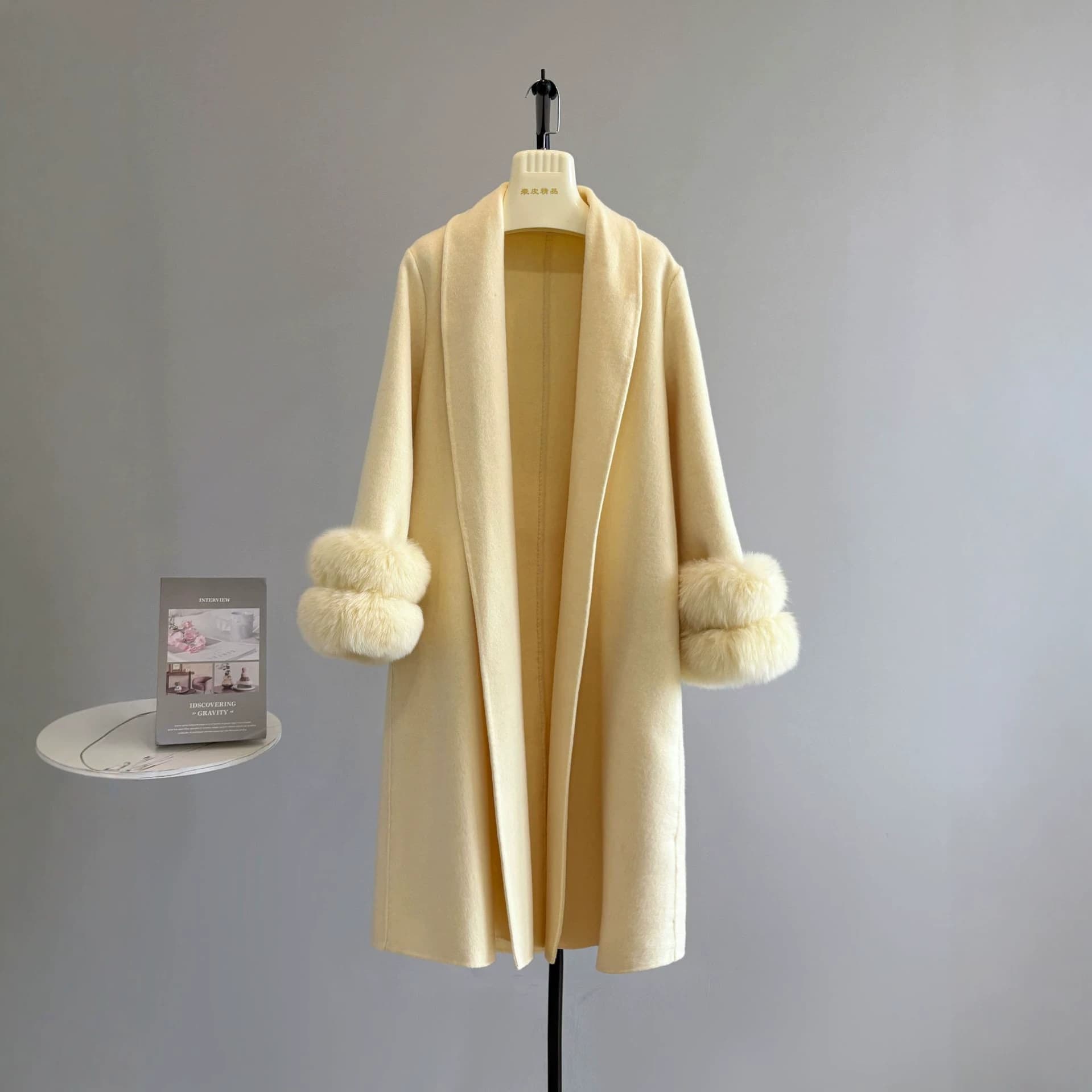 Vivian Fox Fur Cuff Wool Double-Faced Coat Women's Autumn Winter New Wool Coat Heiress Style P586
