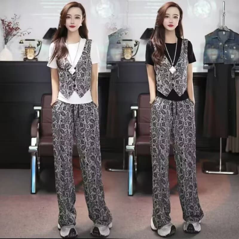 Fashion Casual Set for Women Summer Design Trendy Fake Two-Piece Short Sleeve Top Long Pants Two-Piece Set