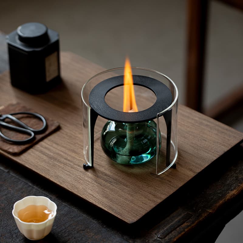 High Borosilicate Glass Cover Tea Boiler with Iron Tripod, Insulated Tea Warmer, Alcohol Stove for Open Flame Use