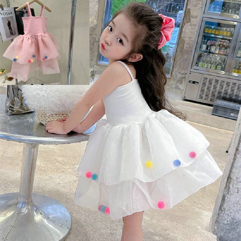 Girls' Rainbow Pom-Pom Spaghetti Strap Princess Dress Summer New 2026 Fashion Export Wholesale