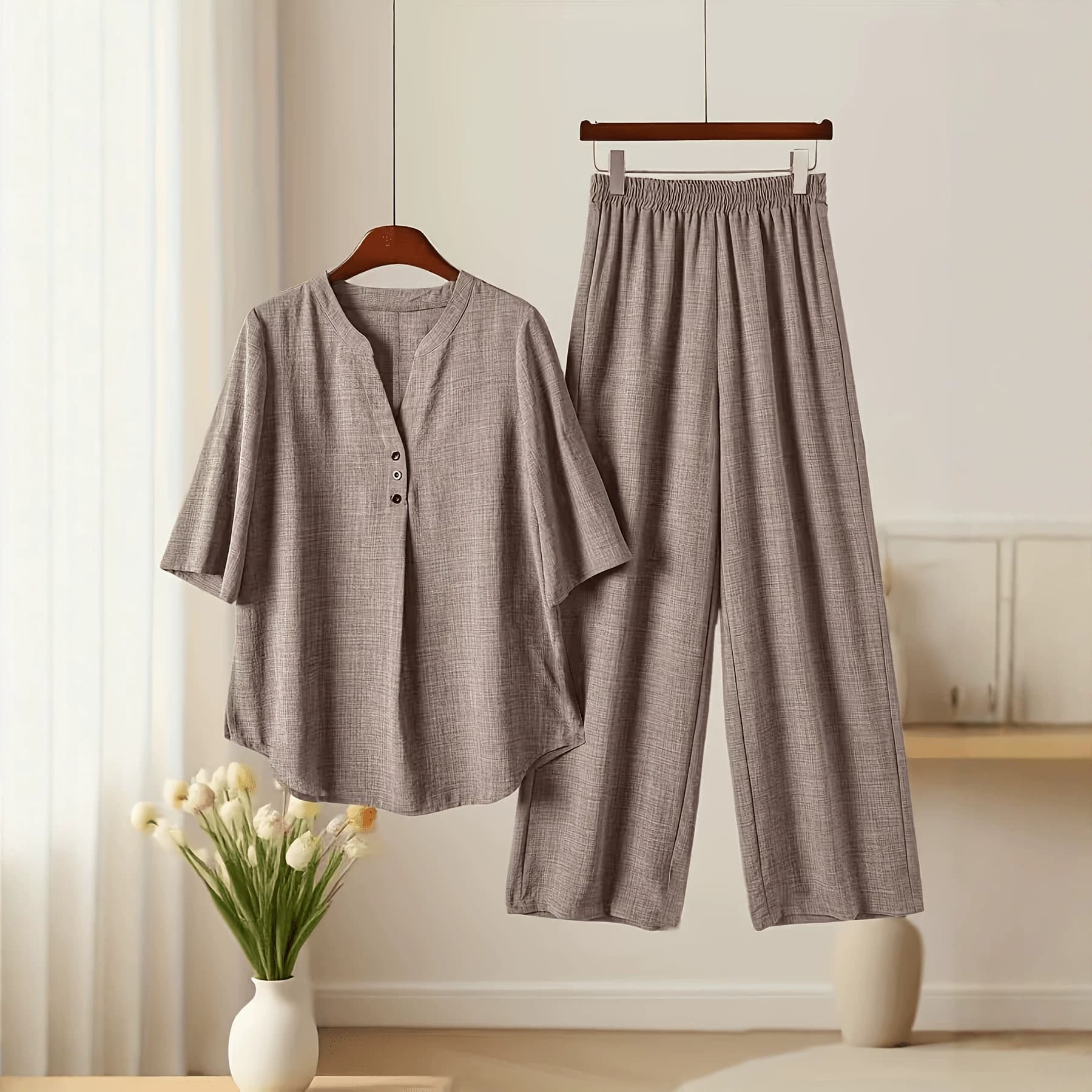 (in Stock) Amazon Cross-Border Plus-Size Hot-Selling Loose Casual Two-Piece Set V-Neck Short-Sleeve Top + Long Pants Set