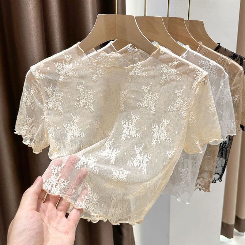 Sheer Sexy Short Sleeve Lace T-Shirt for Women Apricot Hollow Out Base Layer Summer Top for Slip Dress Mesh Blouse