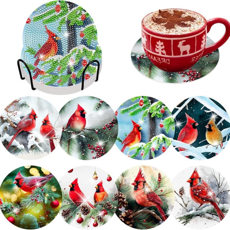 8 Pieces Birds·Diamond Art Painting Coaster Kit with Stand Anti-Slip Coaster Diamond Painting Kit for Adults
