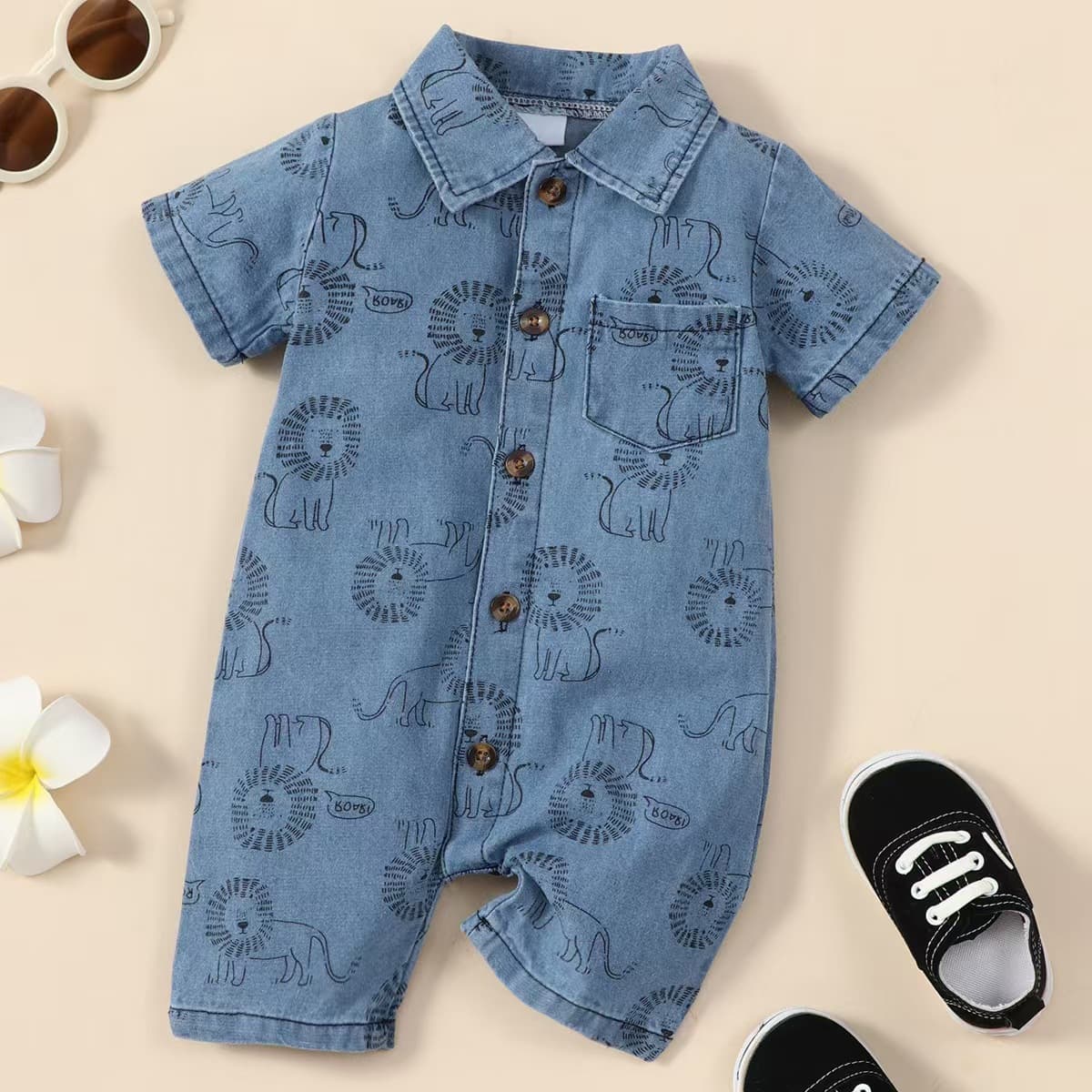 Summer Cartoon Little Lion Print Denim Overalls Children's Clothing Infant Crawling Suit Cotton Material Baby Romper