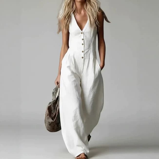 202 New Cross-border Amazon Independent Station Same Style European and American Fashion Solid Color V-neck Cotton-linen Look Jumpsuit for Women