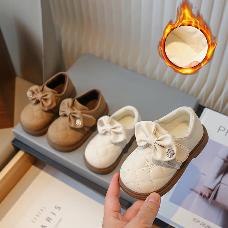 Girls' Princess Shoes, Autumn/Winter New Style, Fleece-lined, Soft-soled, Square-toe, Bow-adorned, Warm Baby Shoes